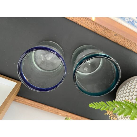 Vintage Mexican Hand Blown Cobalt Blue & Teal-Rimmed Glasses / Juice Water Glass - Picture 8 of 9